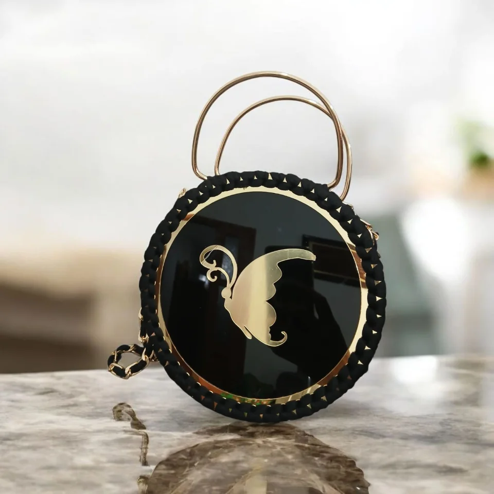 Butterfly Chic | Round Crochet & Gold Plexi Handbag
