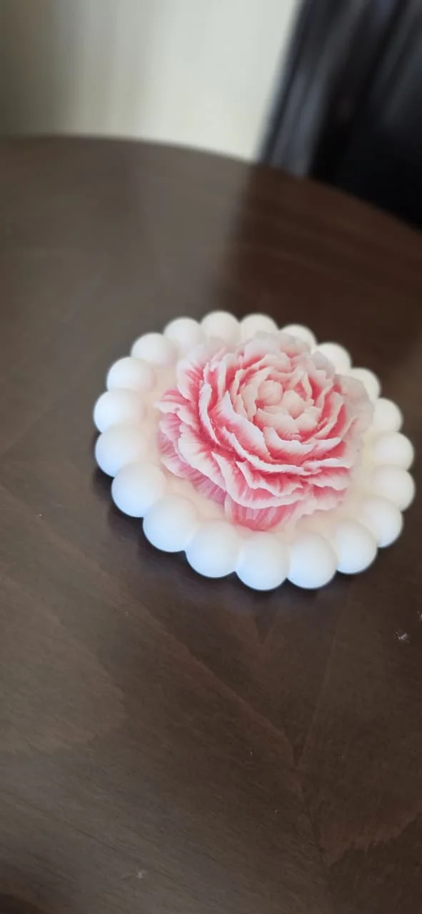 Peony Blossom Candle on Beaded White Base
