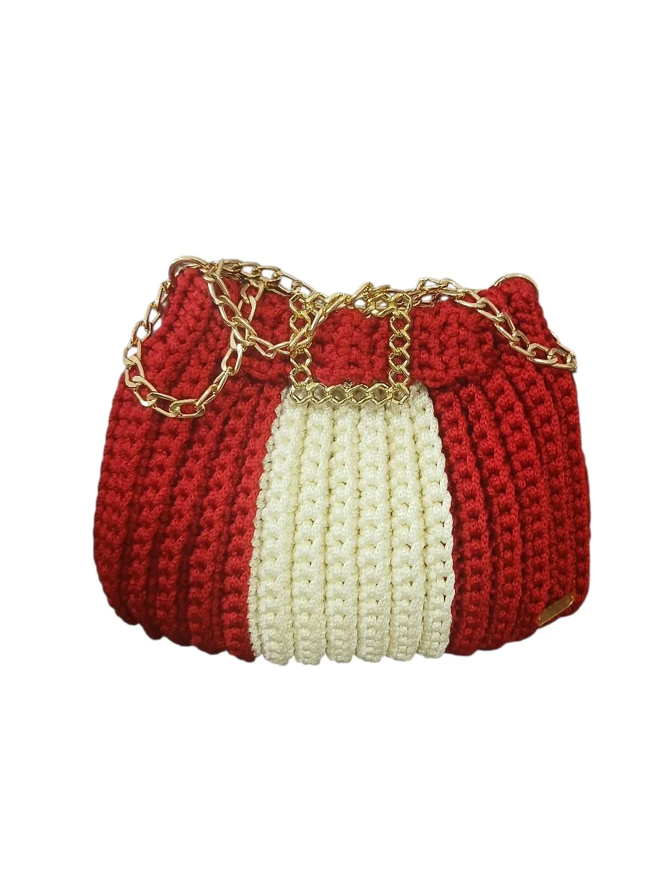 The Pumpkin Lebanese handmade crochet bag in red and ivory with a gold chain.