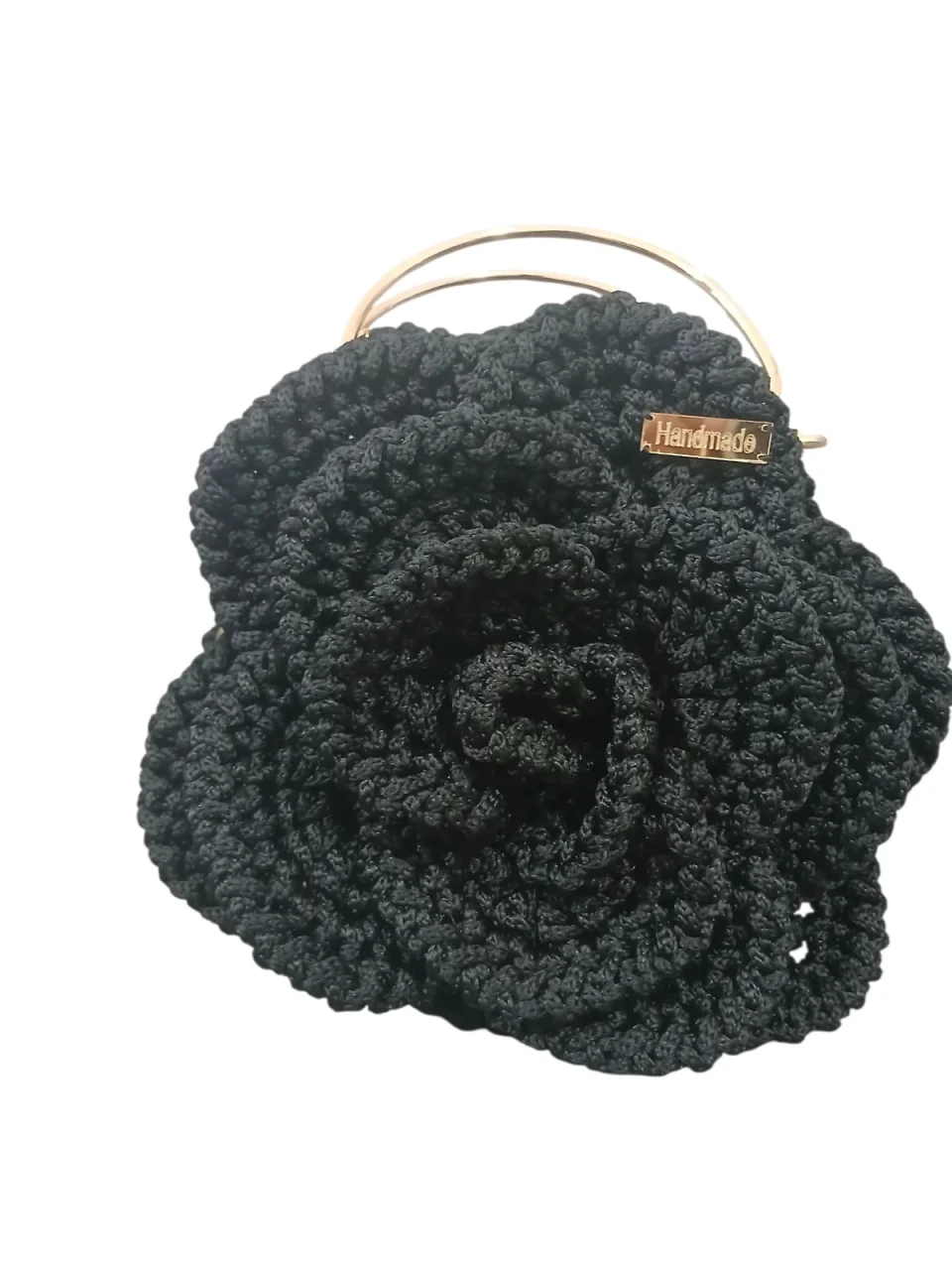 "Black Velvet Rose" Crochet Evening Bag - Gold Metal Handle