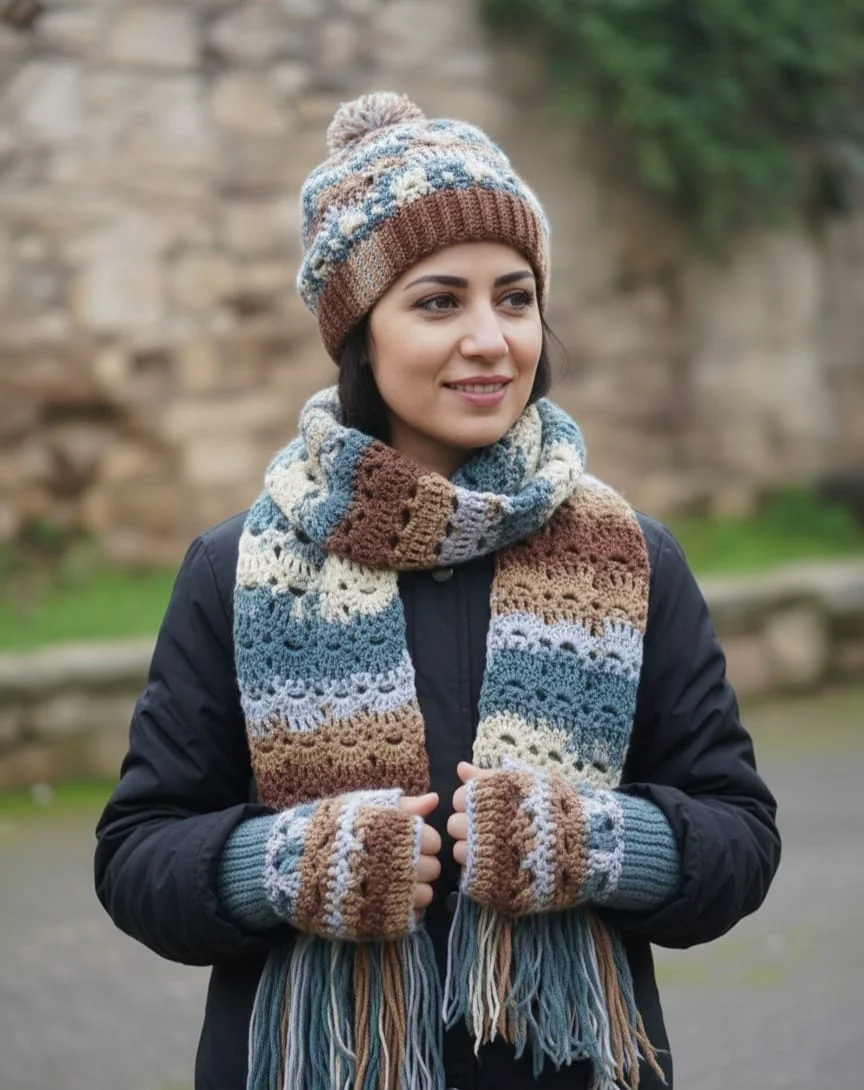 Winter Set - Hat, Scarf, Fingerless Gloves