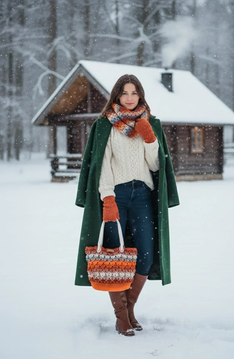 Handmade Crochet Bag with White Leather