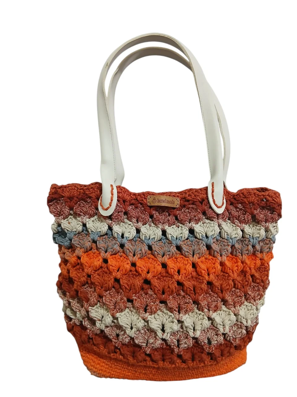 Handmade Crochet Bag with White Leather